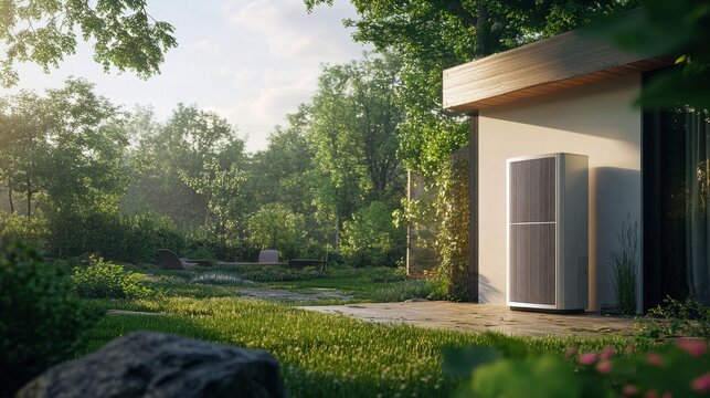 A modern outdoor air conditioning unit sits beside a sleek building, surrounded by lush greenery and a tranquil landscape.