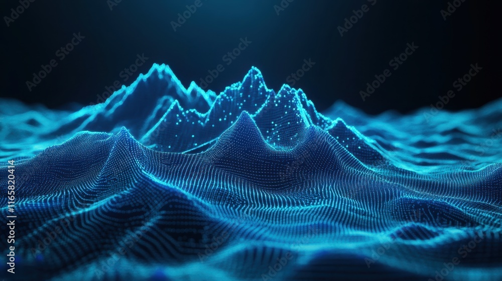 Fototapete A stunning blue wave-like landscape composed of digital particles, creating a sense of depth and movement in a futuristic environment.