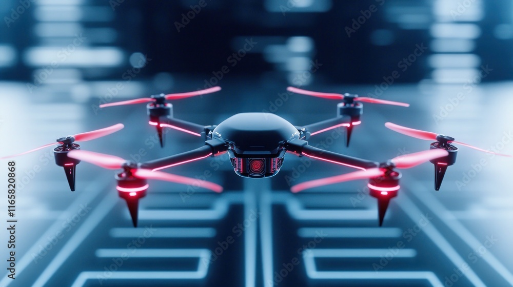 Poster a futuristic drone with red lights hovering in a digital environment.