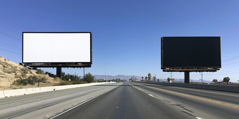 Two large billboards on empty highway, tranquil blue sky.
