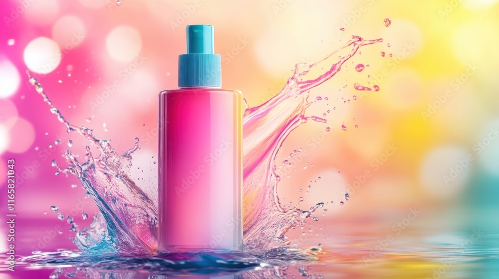 Poster a vibrant bottle of liquid splashes in water, surrounded by colorful bokeh, creating a lively and re