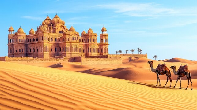 An ornate Rajasthani palace with intricate carvings, surrounded by desert dunes and camels, under a clear blue sky