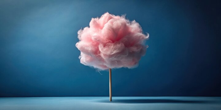 A single pink cotton candy cloud standing tall on a wooden stick against a blue background.