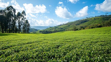 Fototapeta premium Lush green tea plantation on rolling hills under a bright sky.
