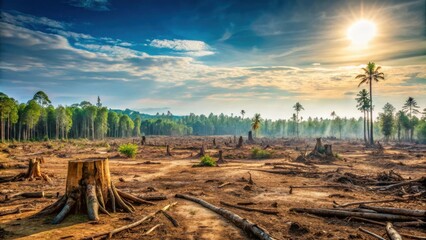 Obraz premium The Sun Sets on a Devastated Forest, Leaving Behind a Desolate Landscape of Stumps and Dust
