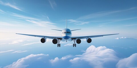 Obraz premium Passenger jet airplane flying above clouds. Airplane in the blue sky with clouds from below, high flying passenger plane