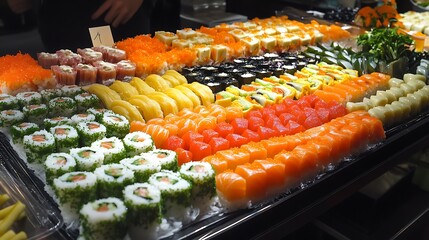 A colorful platter of assorted sushi, sashimi, and wasabi presented elegantly at an Asian food festival. 