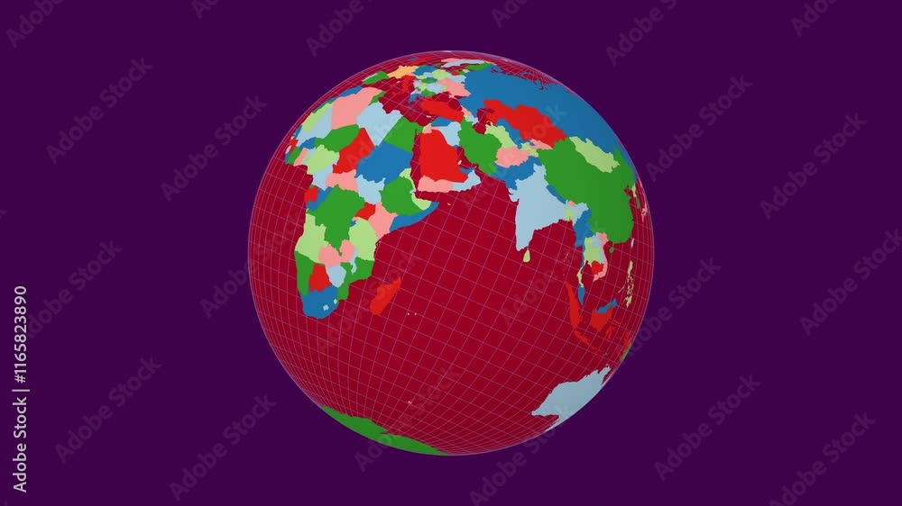 Poster spinning earth. tilted sphere view. moderate speed earth rotation. colored countries style. world ma
