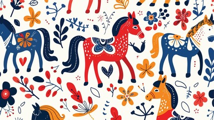 Nordic Dala Horses and Floral Seamless Pattern for Creative Projects