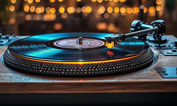 A close-up of a turntable playing a vinyl record with a blurred background of lights.