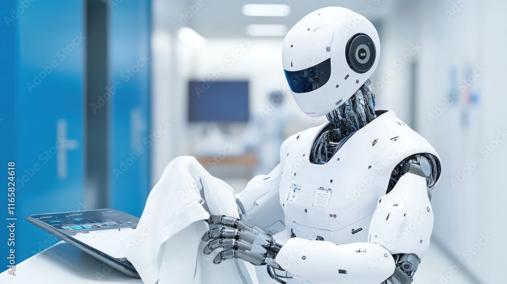 Poster a humanoid robot interacting with a tablet in a modern setting.