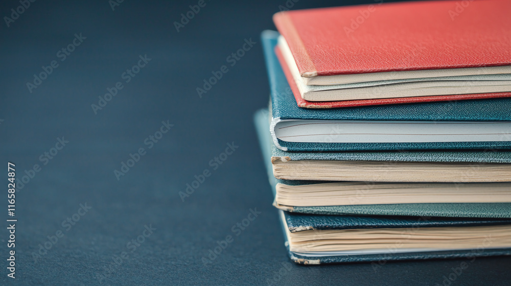 Poster Stack of colorful notebooks on dark surface, perfect for study or notes