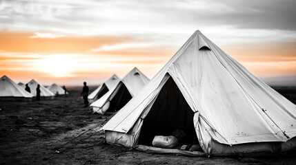 Tents in camp at sunset, families gathered in border area