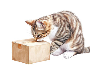 Curious cat investigating a cardboard box, isolated on a white background.
