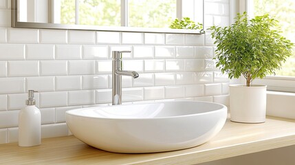 Fototapeta premium Elegant White Tile and Sink in Modern Clean Room, Elegant White Brickwork Pattern