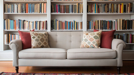 Beautifully organized library with cozy sofa and decorative pillows