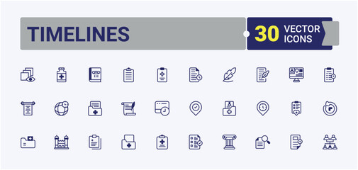 Timelines icon set. It contains symbols to hour, watch, graphic, office, history, museum, document, web. Thin outline icons pack. Editable vector outline and solid icons.