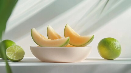 Fresh melon and lime pieces arranged on a clean surface with natural light
