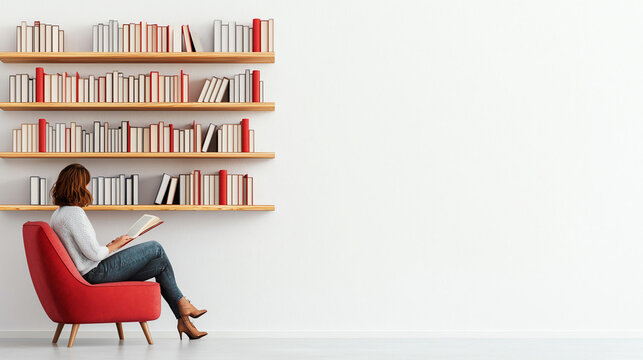 Cozy reading corner with bookshelves and woman enjoying book