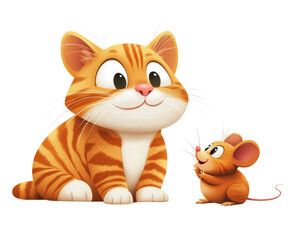 Obraz premium Cute cartoon cat and mouse character friendship on white isolated background.