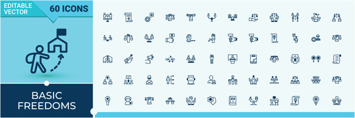 Basic Freedoms minimal icon set. Containing hand, donation, rights, sex, right and more. Perfect for logos and infographics. Vector line and solid icons.