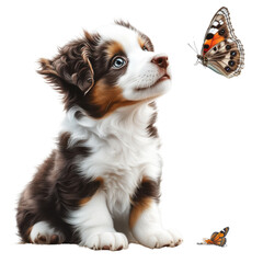 Fototapeta premium Curious puppy gazing at a butterfly, white isolated background.