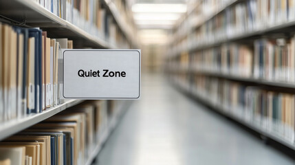 Quiet Zone sign in library with shelves of files and folders