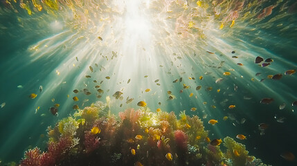Obraz premium Vibrant underwater scene showcasing a coral reef teeming with diverse fish species, bathed in sunlight streaming from above.