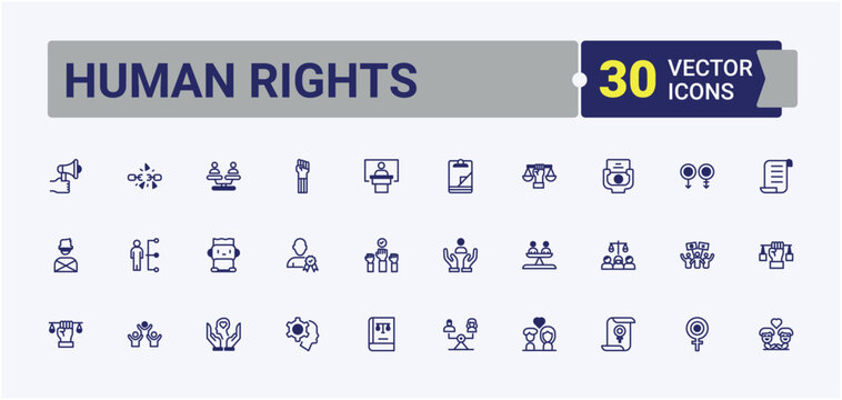 Human Rights Year end icon set. Containing support, government, tolerance, lgbt, law, justice and more. Minimalistic icon. Vector outline and solid icons collection.