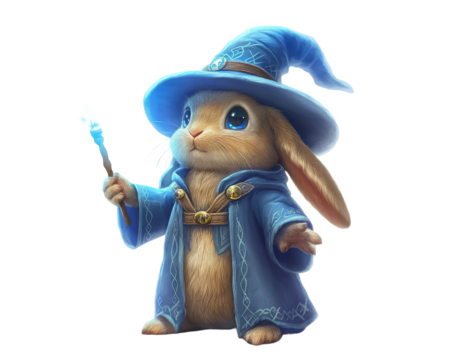 Cute bunny wizard with a magical wand, wearing a blue robe and hat.
