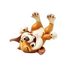 Fototapeta premium Cute cartoon dog lying on its back, playful expression, white isolate background