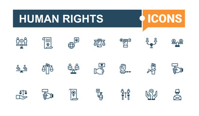 Set of Human Rights line icons. It contains symbols to human rights, hand, religion, support, man, equal, human, book. Symbol. Editable vector outline and solid icons.