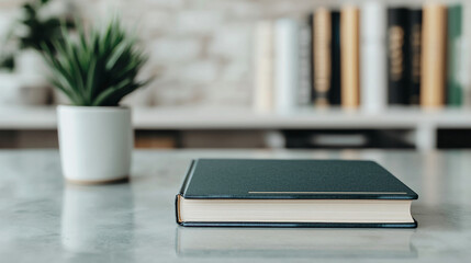 close up of book on table with plant in pot, creating serene atmosphere