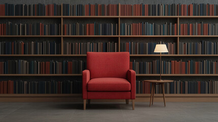 Cozy red armchair beside small table and lamp in library setting