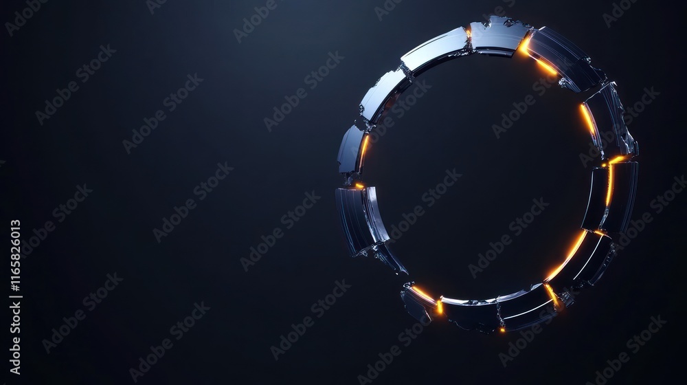 Poster a glowing circular structure with metallic segments and orange lights.