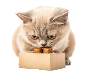Cute cat curiously looking at treats on a small box, white isolate background