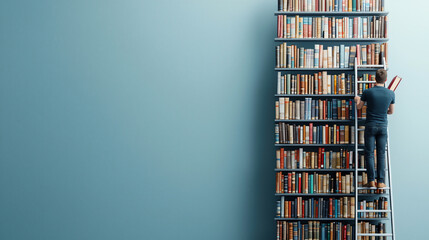 Organizing books on tall shelf, librarian carefully arranges titles