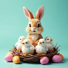 Easter bunny sitting on a nest of white chicks, surrounded by pastel colors and eggs , baby animal, easter bunny, cute