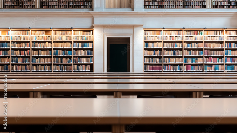 Poster quiet reading room in classic library with rows of empty tables