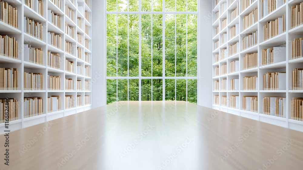 Poster spacious library hall with natural light filtering through large windows