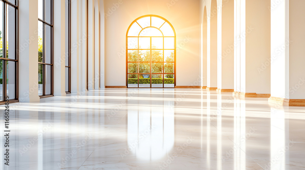 Poster spacious library hall with natural light filtering through large windows