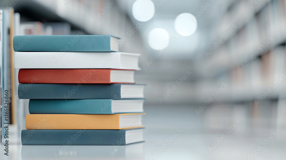 Poster stacks of colorful books on shelf in library setting, inviting exploration