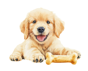 Cute golden retriever puppy with a bone on a white isolated background.