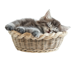 Cute gray kitten sleeping peacefully in a cozy wicker basket.