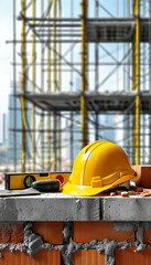 Workers Day Podium, Empty product display Construction-inspired, concrete podium, construction helmets, tools, bricks, skyline under construction, laborers in building society, ad, podium platform
