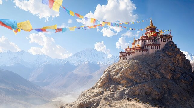 A peaceful Himalayan mountain landscape in Ladakh, with a Buddhist monastery perched on a hill and colorful prayer flags fluttering in the wind
