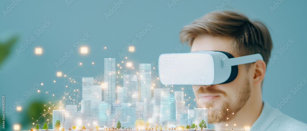 Poster virtual reality technology engages a user in a digital city exploration experience