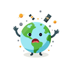 Obraz premium Earth's Panic, A Cartoon Illustration of Our Planet in Distress Amidst a Chaotic Space Environment with Satellites and Asteroids