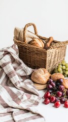 A Bountiful Picnic Basket Filled with Freshly Baked Bread and Juicy Grapes. A Perfect Rustic Still Life for a Healthy and Delicious Meal