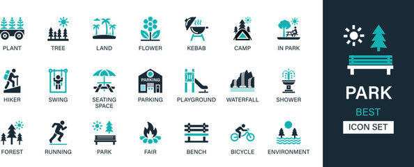 Park icon set collection. Plant, tree, land, flower, kebab, camp, in park, hiker, swing, seating space, parking, playground, waterfall and best solid icon set.